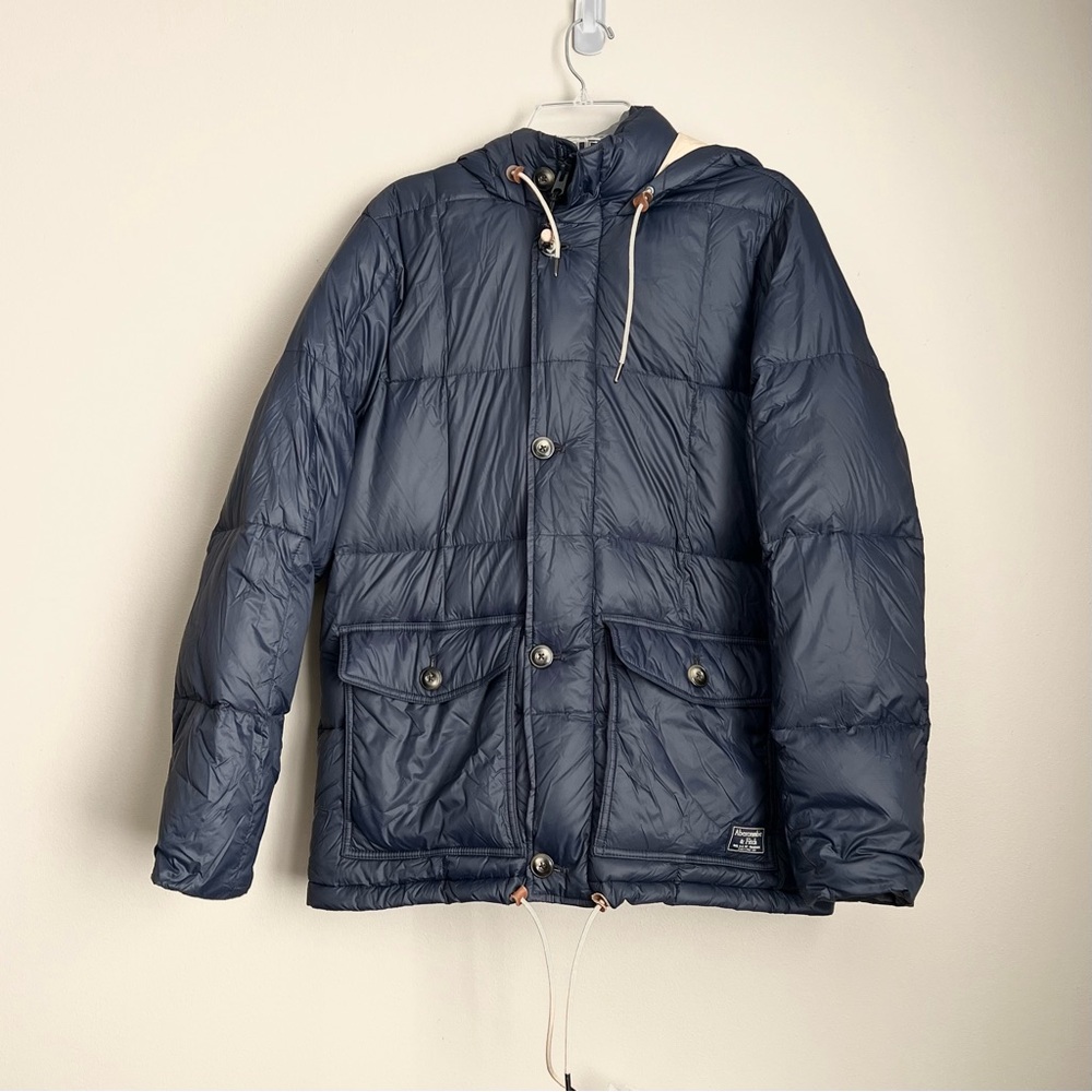 Abercrombie & Fitch Down-Filled Puffer Coat Box Quilted, Navy Blue, Men’s Large